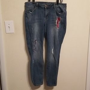 red plaid patch jeans